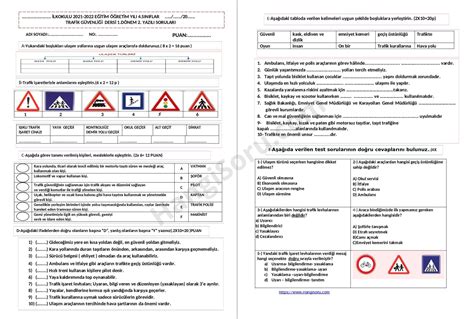 4 Sınıf Trafik Güvenliği Dersi 1 Dönem 2 Yazılı Sınav 2022 HangiSoru