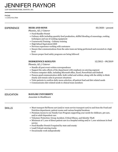 Caterer Resume Samples Velvet Jobs