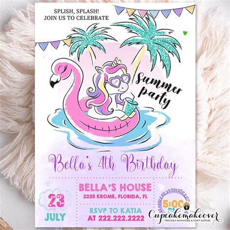 Splish Splash Flamingo Unicorn Pool Party Invitations - Cupcakemakeover