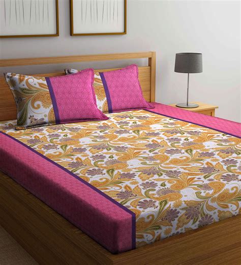 Buy Multicolor Floral TC 210 100 Cotton Double Bed Sheet With 2 Pillow