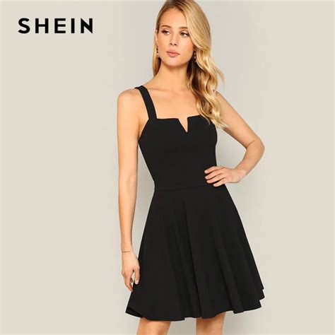 Shein Lady Summer Zip Back Pleated Black Dress Solid Sleeveless V Neck