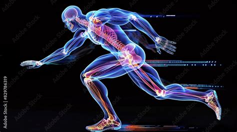 Develop a visual representation of the biomechanics of running, including the role of muscles ...