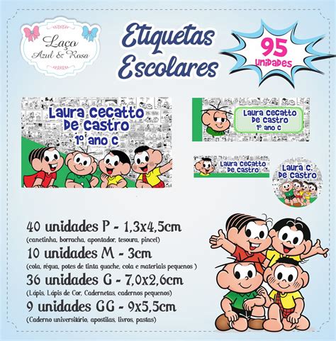 Etiquetas Escolares Personalizada Turma da Mônica Elo7