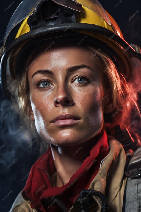 Premium Ai Image Portrait Of A Female Firefighter Wearing A Helmet And A Uniform