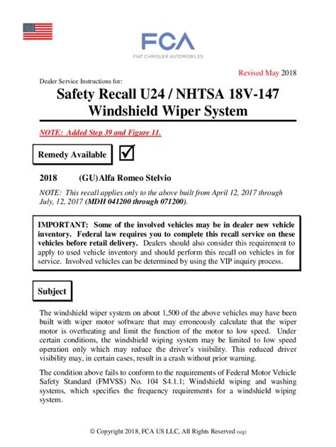 Fillable Online Fillable Online Safety Recall U24 NHTSA 18V 147 Fax