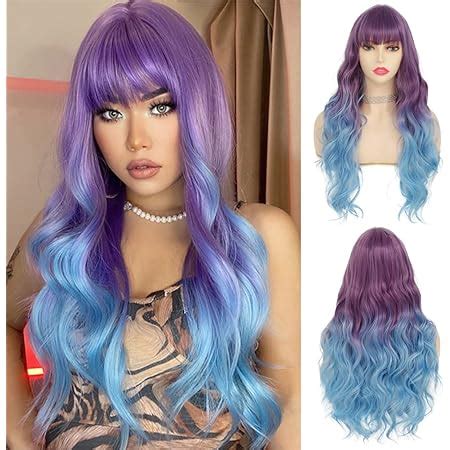 Amazon Tseses Purple To Blue Long Curly Wigs For Women Ombre Blue