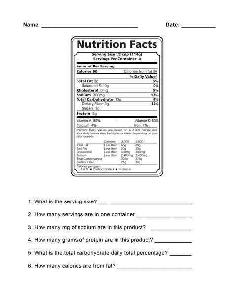 Food Nutrition Labels Worksheet