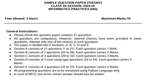 CBSE Class 12 Informatics Practices Sample Paper 2024 25 Available