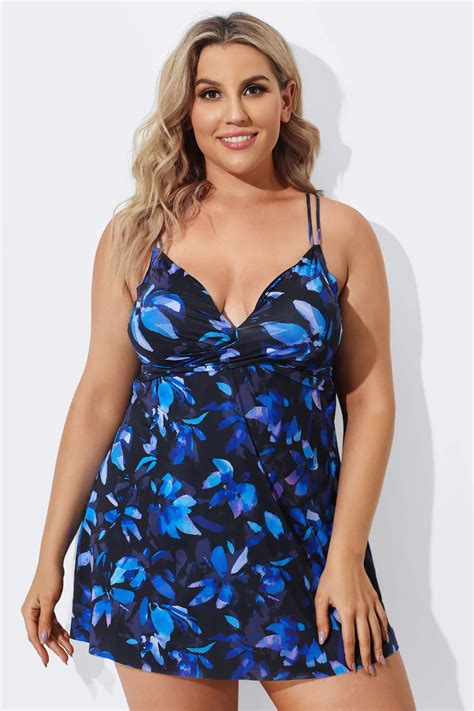 Blue Flower Women V Neck Loop Strap Swimdress Meet Curve Meet Curve