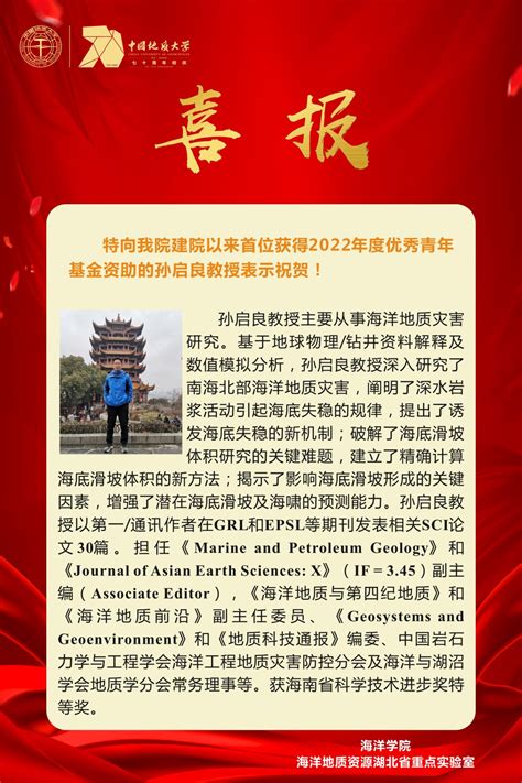 喜报！祝贺我院孙启良教授获得2022年度国家优秀青年科学基金项目资助！ 广州南沙地大滨海研究院