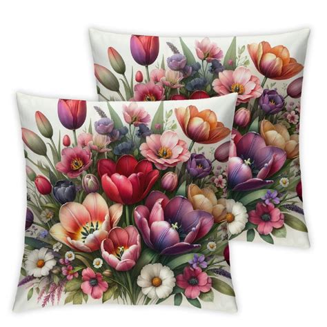 Spring Summer Pillow Covers Tulip Daisy Watercolor Flowers Decorative