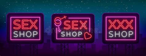 Sex Shop Set Of Logos In Neon Style Collection Of Emblems Neon Effect Grocery Store Intimate