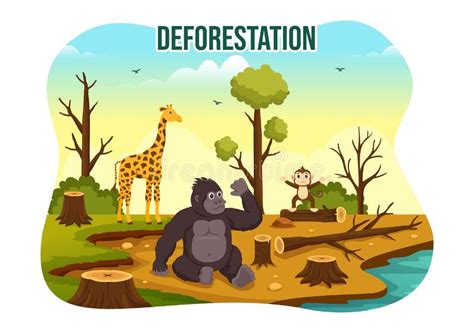 Deforestation Illustration with Tree in the Felled Forest and Burning into Pollution Causing the ...