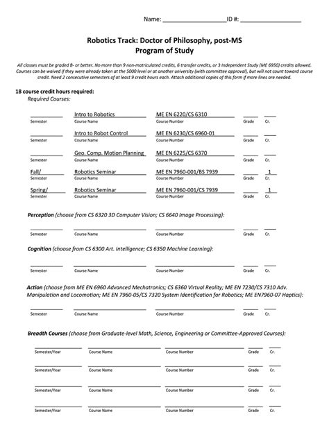 Fillable Online Mech Utah PhD Post MS Robotics Track Program Of Study