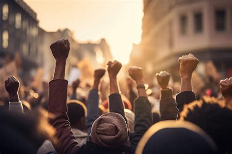 Premium AI Image | Protest activists Crowd with raising fists at city ...