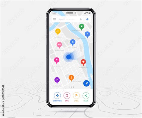 Mobile map GPS, Smartphone map application and colorful pinpoint on ...