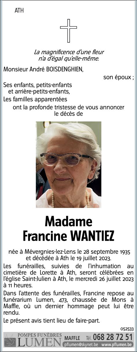 Avis de décès de Francine WANTIEZ décédé le 19 07 2023 à annonce