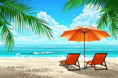 Umbrella And Sun Lounger On The Beach And A Palm Tree Premium Ai