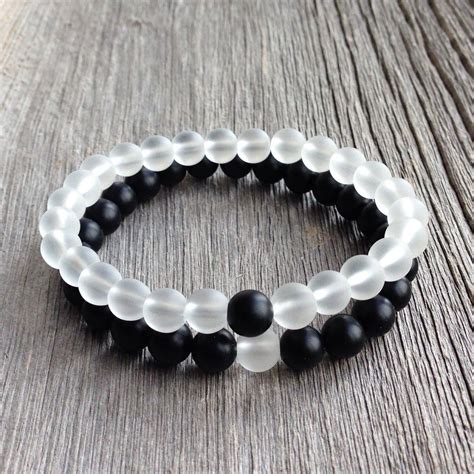 Couples Beaded Bracelet Mm Matte Onyx And Frosted Quartz His And