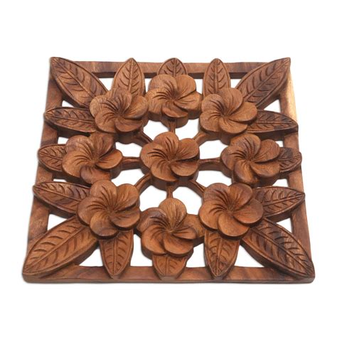 Unicef Market Frangipani Flower Suar Wood Relief Panel From Bali