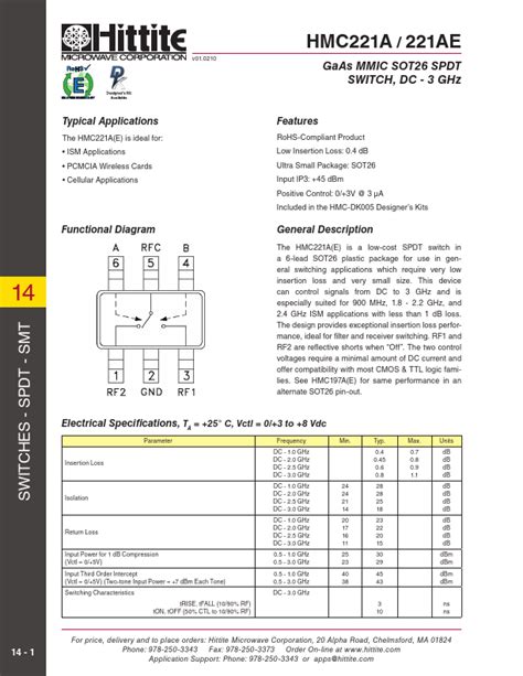 Hmc A Datasheet Gaas Mmic Sot Spdt Switch