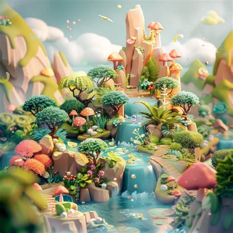 A 3D Illustration Of A Miniature Fantasy World Featuring Lush Greenery