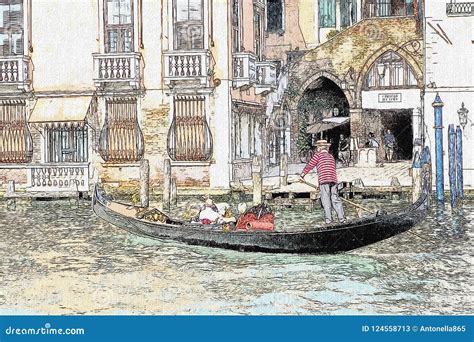 Disegno Della Gondola In Canale Grande A Venezia Italia Illustrazione