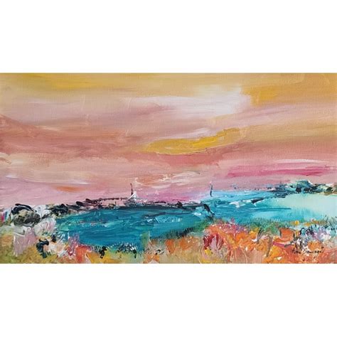 Tableau Abstrait Paysage Rose Et Bleu Peinture Moderne Le Pont De L