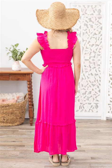 Hot Pink Flutter Sleeve Smocked Midi Dress · Filly Flair