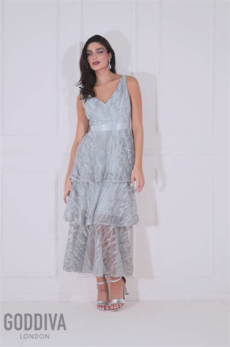 Embroidered Mesh Tiered Midi Dress Grey