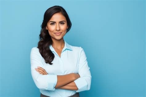 Mujer Posando Con Los Brazos Cruzados Sobre Fondo Azul Foto Premium