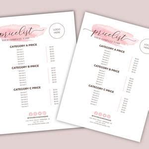 Pink Watercolor Editable Price List Printable Menu Template Etsy