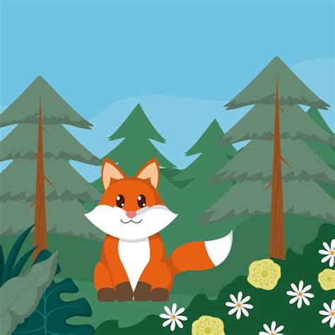 Fox Na Floresta Dos Desenhos Animados De Animais Fofos Vetor Premium