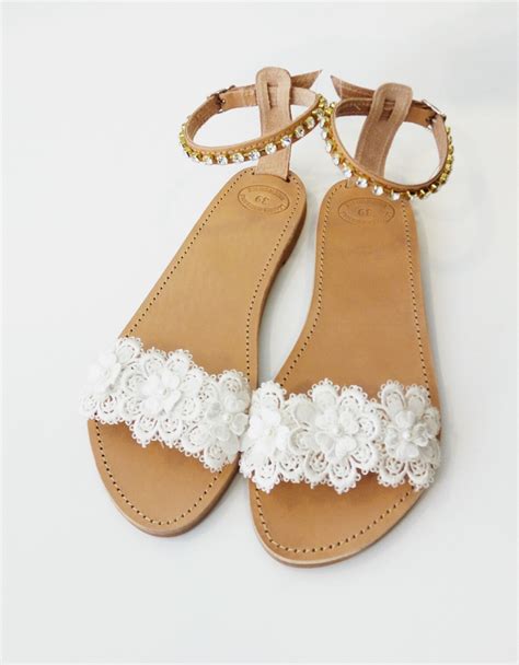 Bridal lace and pearls sandals, Wedding flat leather sandals, White ...