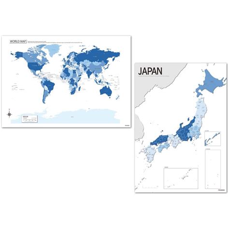 Proceedx美しい日本 世界地図セット パステルカラーブルー1 学習ポスターミニマルマップa2サイズ日本製 折り目なし送付 影付き1304