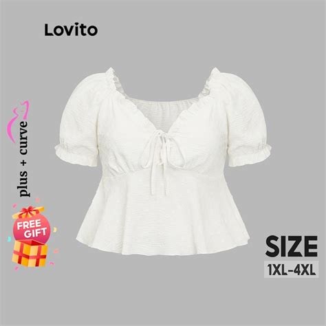 Lovito Plus Size Curve Boho Plain Ruffle Hem Lettuce Trim Puff Sleeve