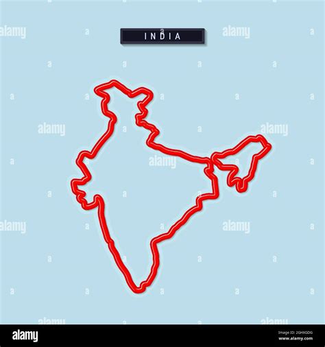 India bold outline map. Glossy red border with soft shadow. Country name plate. Vector ...