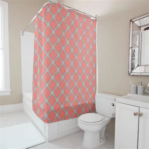 Quatrefoil Coral And Gray Shower Curtain Zazzle