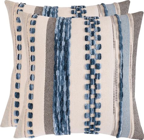 Tosleo Boho Pillow Covers 18x18 Inch Set Of 2 Sky Blue Striped Chenille Throw Pillow