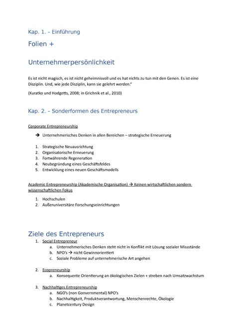 Entrepreneurship Zusammenfassung Der Ersten Vorlesungen Kap 1