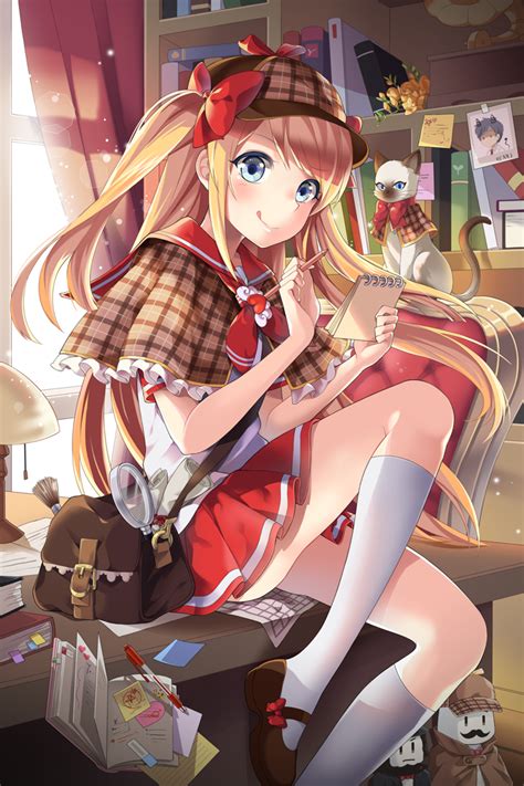 Safebooru 1girl Bag Blonde Hair Blue Eyes Bookshelf Bow Brush Cabbie Hat Cat Chair Character