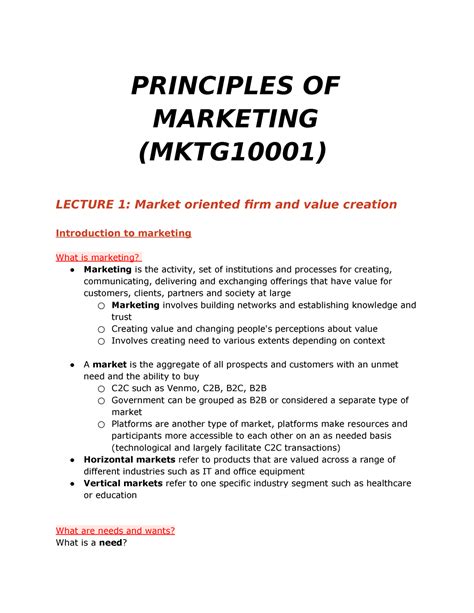 Mktg Lecture 1 To 4 Notes Principles Of Marketing Mktg10001 Lecture