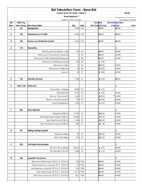 Fillable Online Bid Tabulation Form Base Bid Fax Email Print Pdffiller