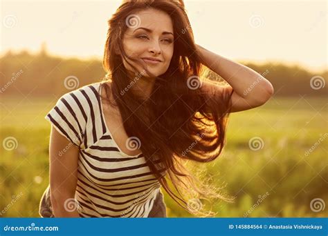 Beautiful Relaxing Woman With Closed Eyes Is Deep Breathing And