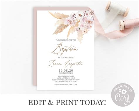 Art And Collectibles Digital Prints Editable Bohemian Invite Boho Christening Invitation First