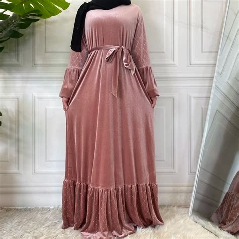 Velvet Muslim Abaya Women Lace Up Pockets Long Dress 2022 Autumn Winter