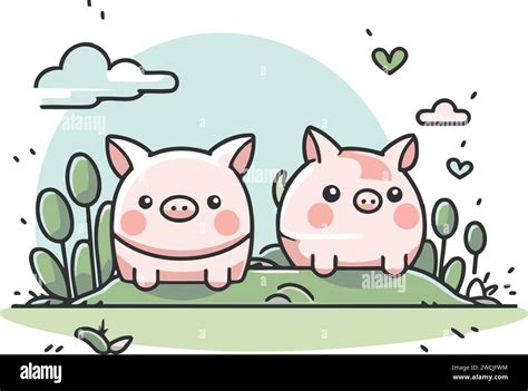 Vector Illustration Of Two Cute Pigs In The Grass Isolated On White