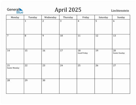 April 2025 - Liechtenstein Monthly Calendar with Holidays