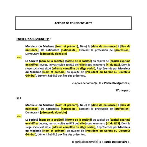 Modèle d accord de confidentialité Mon avocat en ligne