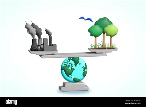 The World Balancing Industry And Nature On A Scale 3d Illustration Industry Environmental